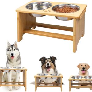 HTB Raised Dog Bowls With Stand, Bamboo Elevated Dog Bowls for Large Medium Small Size Dogs, Bamboo Pet Food And Water Feeder With 2 Stainless Steel Bowls - 17.32"L *9.45" W*10.04" H