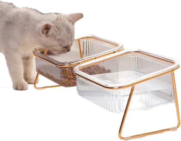 Hamkaw - Double Cat Bowl with Raised Stand, 15° Tilted Anti-Slip Transparent Cat Food and Water Bowl, Protect Pets Cervical Vertebra, Detachable Pet Bowl for Cats and Small Dogs