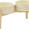 Havniva Ceramic Raised Dog Bowl with Stand for Medium and Large Breed Dog Dish Pet Food and Water Bowl (Double Bowl with Stand - Cream, 21cm)