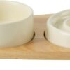 Havniva Ceramic Slow Cat Feeder Bowl for Cat, Raised Slow Cat Food Bowl, Elevated Cat Bowl with Wooden Stand, Pet Slower for Fun, Circle Shape (2 x Bowl with Stand - Cream, 15.5cm)
