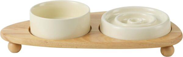 Havniva Ceramic Slow Cat Feeder Bowl for Cat, Raised Slow Cat Food Bowl, Elevated Cat Bowl with Wooden Stand, Pet Slower for Fun, Circle Shape (2 x Bowl with Stand - Cream, 15.5cm)