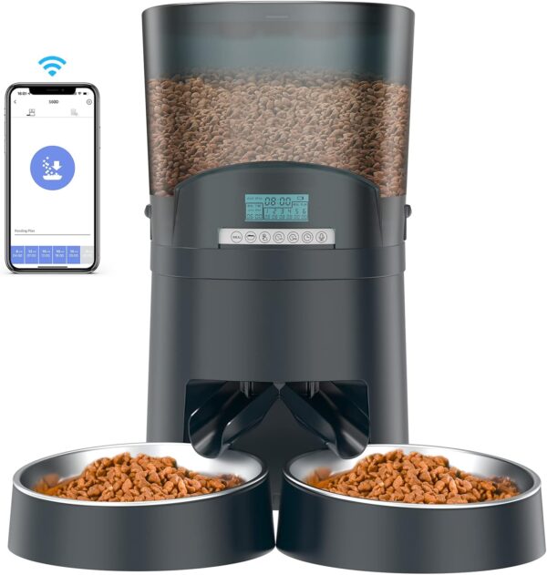 HoneyGuaridan 6.5L Automatic Cat Feeder, 2.4G Wi-Fi Smart Pet Feeder with APP Control, Desiccant Bag, Voice Recorder and Dual Power Supply, Up to 6 Meals Per Day for Cats & Small/Medium Dogs (Blue)