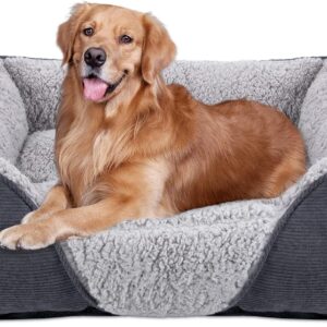 JOEJOY Large Dog Bed Pet Sofa Bed, Super Soft Comfy Wool Fleece Dog Bed with Striped Corduroy Design, Washable Dog Bed For Border Collie, 76x61x23cm