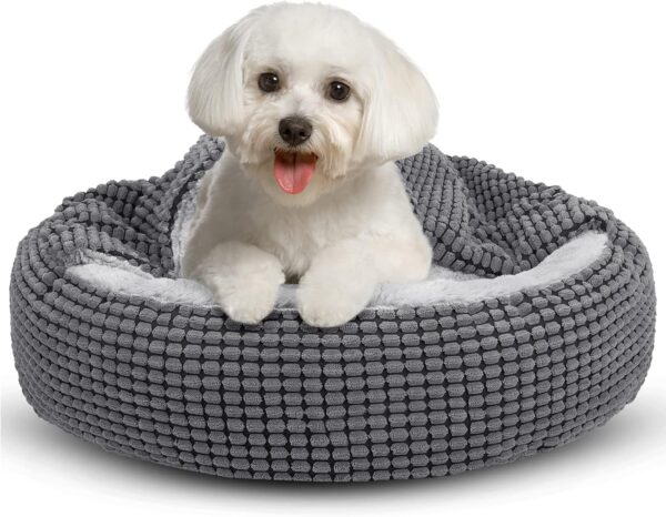 JOEJOY Round Dog Bed Calming Donut Cuddler Pet Bed for Large Medium Small Dogs, Warm Puppy Hooded Dog Cave Bed Cat Bed Medium Washable with Breathable Fluff, Fits Up To 25/30lbs Pets