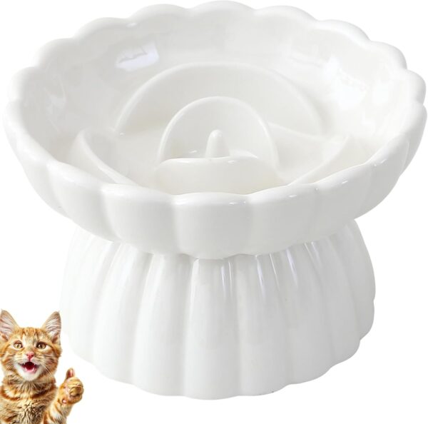 JuWow Ceramic Elevated Slow Feeder Cat and Small Dog Bowl,Anti Vomiting,Easy to Clean,Spill-Proof & Anti-Tipping Raised Pet Bowl for Food (White)