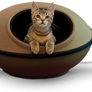 K&H Pet Products Thermo-Kitty Mod Dream Pod Heated Cat Bed for Large Cats, Indoor Heated Cat Cave, Thermal Cat Mat Hideaway for Small or Large Cats and Kittens 22 Inches Tan/Black