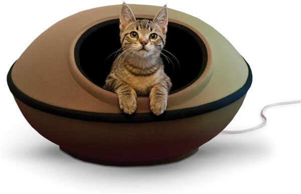 K&H Pet Products Thermo-Kitty Mod Dream Pod Heated Cat Bed for Large Cats, Indoor Heated Cat Cave, Thermal Cat Mat Hideaway for Small or Large Cats and Kittens 22 Inches Tan/Black