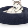 Kasunpul Dog Bed, Plush Donut Dog Cat Bed, Fluffy Calming Round Pet Bed with Removable, Washable Cover, Round Soft Long Plush Dog Cat Bed 120 cm, Dark grey