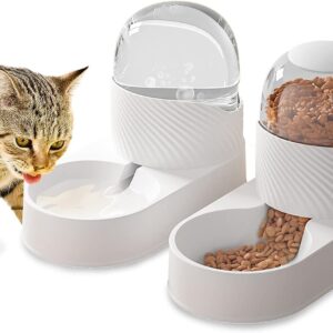 Kathson Automatic Cat Feeder, Automatic Gravity Dog Feeder Set, Pet Automatic Waterer Feederer, Cat Food Dispensers Set 2L for Small Pets, Puppy, Kitten（white）