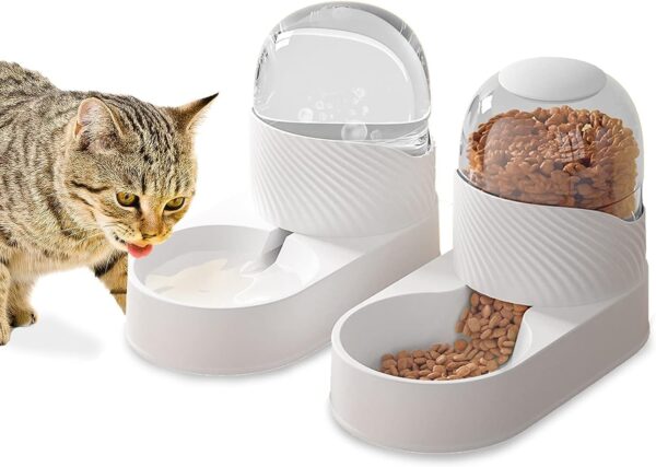 Kathson Automatic Cat Feeder, Automatic Gravity Dog Feeder Set, Pet Automatic Waterer Feederer, Cat Food Dispensers Set 2L for Small Pets, Puppy, Kitten（white）