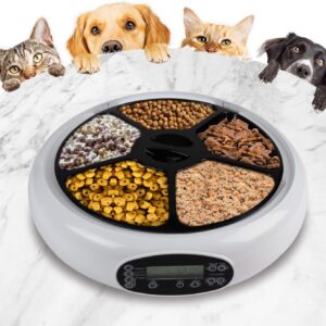 Lentek 5 Meal Automatic Cat Feeder Wet or Dry Pet Food Dispenser Automatic Pet Feeders with Timer, Speaker and Recorder for Dogs, Cats, Rabbits, & Other Pets, Dish with Voice Message, White