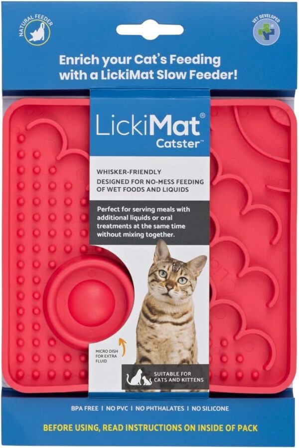 LickiMat Catster Cat Food Mat - Cat Slow Feeder with Micro Dish for Added Hydration - Perfect for Food, Treats, Yoghurt & Anxiety Relief for Cats - Fun Alternative to Slow Feeder Cat Bowl - Pink