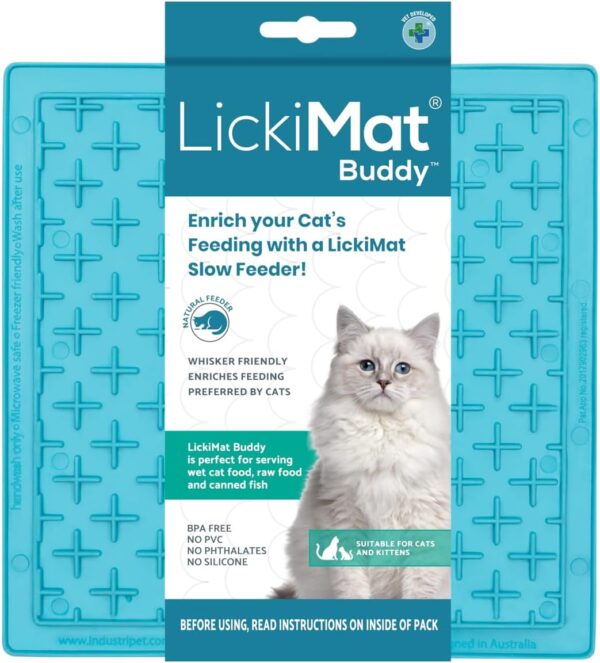 LickiMat Classic Buddy Cat Slow Feeders Lick Mat, Boredom Anxiety Reducer; Perfect for Food, Treats, Yogurt, or Peanut Butter. Fun Alternative to a Slow Feed Cat Bowl or Dish, Turquoise