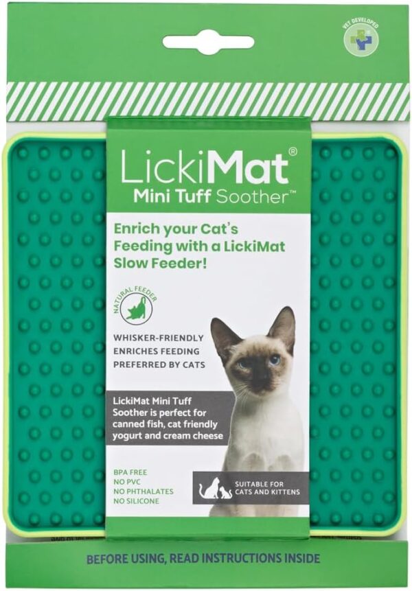 LickiMat Mini Tuff Soother Cat Food Mat, Cat Slow Feeder for Boredom & Anxiety Relief for Cats, Perfect for Food, Treats, Yoghurt & Peanut Butter, Fun Alternative to a Slow Feeding Bowl, Green