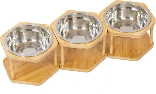 Lusifaco Set of 3 Single Elevated Cat Bowls, Stainless Steel Raised Cat Food Water Bowl with Bamboo Stand, Pet Dishes Stand Feeder with Anti Slip Feet for Cats and Small Dogs, 13 oz(Stainless Steel)