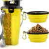 MATT SAGA Portable Pet Water Bottle and Food Container for Travel 2-in-1 Dual Chamber Bottle with 2 Collapsible Bowls Dogs Cats Feeder Water Food Bottle Outdoor Travel(Yellow)