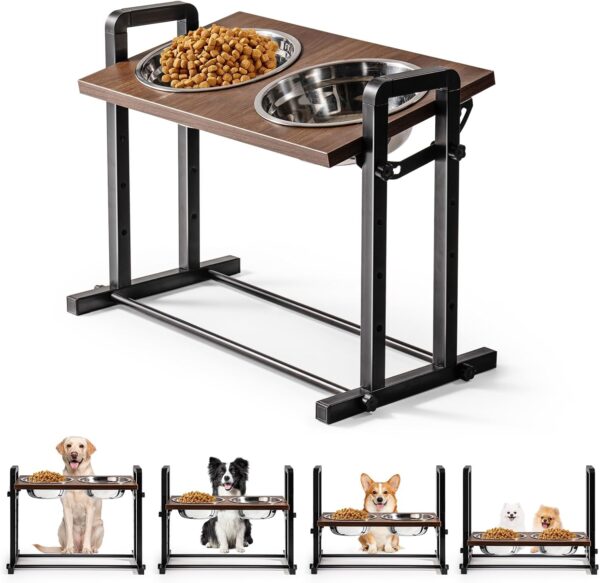 MEWOOFUN Raised Dog Bowl for Large Medium Size Dogs 4 Height Adjustable - Sturdy Wooden Raised Dog Bowls with 2x1200ml Stainless Steel Bowls (XL)