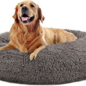 MFOX Calming Dog Bed Cat Bed Donut, Faux Fur Donut Cuddler Washable Self-Warming Pet Bed, Large Round Plush Dog Bed for Small/Medium/Large Dogs(60cm/80cm/90cm/110cm)