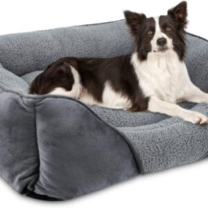 MIXJOY Large Dog Bed Washable, Grey Dog Bed Puppy Beds Orthopedic Pet Bed with Anti-Slip Bottom, Low Front Edge Dog Bed for Border Collie, Golden Retriever, French Bulldog, 76×61×23 cm