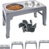 Mavicen Raised Dog Bowl, 1.2L Stainless Steel No Spill Double Pet Food Bowls with Slow Feeder, 4 Heights Adjustable Elevated Dog Food Bowl with Stand for Small Medium Large Dogs Cats, Grey