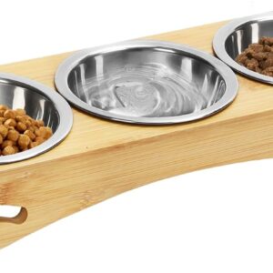 Mivcinn Cat Bowls with Stand, 300ml, Raised Dog Cat Bowl, Rack with 3 Stainless Steel Bowls, Cat Food Bowl with Bamboo Base, Elevated Cat Feeding Station for Small Dogs and Cats