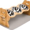 Mivcinn Raised Cat Bowls, Small Dog 15° Tilted Elevated Food Feeding Dishes, 3 Stainless Steel Cat Food Bowls in Stand, Adjustable Bamboo Water Stand Feeder Set for Cats and Puppy