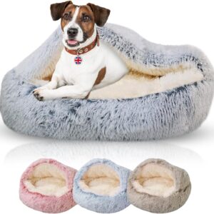 NOWI Dog Cave Bed for Small Breeds -65cm- Calming Dog Bed with Hood - Fluffy, Extra Soft, Warm- Igloo Dog Bed with Hooded Blanket -Puppy Bed -Heated- Anti Anxiety -Snuggle Cosy Dog Bed-Washable- Blue