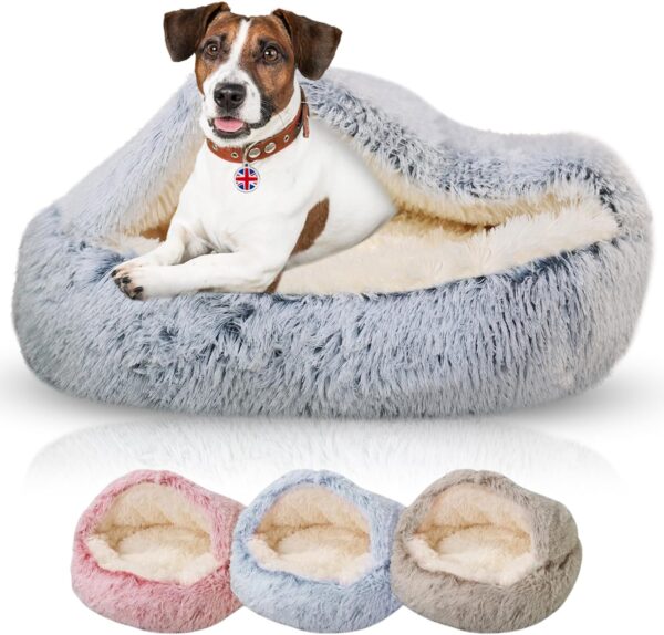 NOWI Dog Cave Bed for Small Breeds -65cm- Calming Dog Bed with Hood - Fluffy, Extra Soft, Warm- Igloo Dog Bed with Hooded Blanket -Puppy Bed -Heated- Anti Anxiety -Snuggle Cosy Dog Bed-Washable- Blue