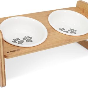 Navaris Adjustable Dog Bowl Station - Raised Bamboo Stand with Twin Ceramic Bowls for Feeding Small, Medium Dogs, Cats, Pets - Elevated Food Stand