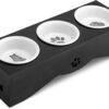 Navaris Cat Bowls in Stand - 3 Bowl Pet Feeding Station for Cats and Small Dogs - Cute Cats Design Ceramic Food and Water Bowls in Raised Black Holder