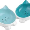 Navaris Cat Bowls with Ears - 2 Pack of Ceramic Cat Feeding Dishes with Anti Slip Silicone Feet - Blue Cat Shaped Food and Water Bowls Set