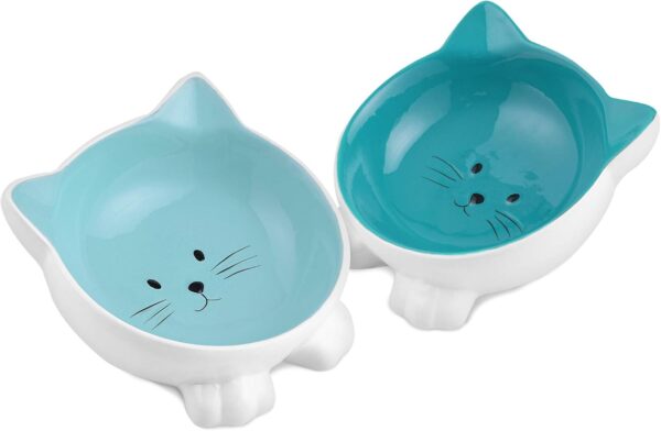 Navaris Cat Bowls with Ears - 2 Pack of Ceramic Cat Feeding Dishes with Anti Slip Silicone Feet - Blue Cat Shaped Food and Water Bowls Set