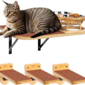 Navaris Cat Shelves Feeder - Left Wall Mounted Bamboo Bed Feeder - Includes Two Steel Bowls and Three Shelf Steps - Space Saving Cat Climbing Furniture