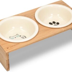 Navaris Ceramic Cat Bowls with Stand - Raised Food and Water Bowl Set for Cats on Elevated Wooden Riser - Eco-Friendly Cat and Paw Design - 2 Bowls