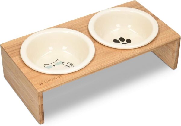 Navaris Ceramic Cat Bowls with Stand - Raised Food and Water Bowl Set for Cats on Elevated Wooden Riser - Eco-Friendly Cat and Paw Design - 2 Bowls