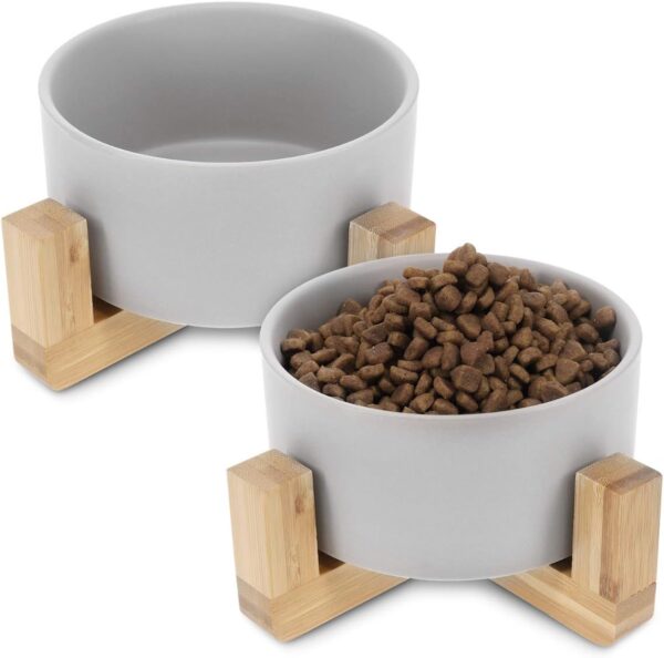 Navaris Ceramic Elevated Cat Bowls - Raised Double Food and Water Bowl Set for Cats and Small Dogs with Wood Stands - Pet Bowls