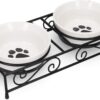 Navaris Ceramic Pet Bowl Set - Double Food Water Bowls for Cats, Small Dogs and Puppies with Non-Slip Retro Metal Stand - Set of 2 Bowls, 320ml Each