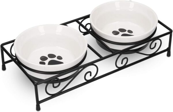 Navaris Ceramic Pet Bowl Set - Double Food Water Bowls for Cats, Small Dogs and Puppies with Non-Slip Retro Metal Stand - Set of 2 Bowls, 320ml Each