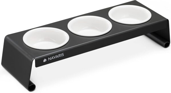 Navaris Pet Bowls with Stand - Raised Triple Dog Cat Food Bowl Station - Metal Feeder Holder with 3 Stoneware Dishes - For Cats Dogs Pets - Dark Grey