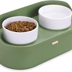 Navaris Pet Feeder with 2 Bowls - Elevated 2-Bowl Feeding Station with Storage Section for Pets Food - Dog or Cat Food & Water Bowls with Raised Stand