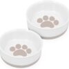 Navaris Porcelain Cat Bowls (Set of 2) - 15cm Food and Water Bowl Dishes for Pet Cats and More - With Non-Slip Silicone Bottom - Pink Paw Print Design