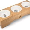 Navaris Raised Cat Bowls - Elevated Triple Cat Food Bowl Feeder - Ceramic Feeding Dishes with Bamboo Stand - 3 Dish Feeding Station Set with Printed Designs