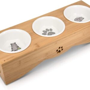 Navaris Raised Cat Bowls - Elevated Triple Cat Food Bowl Feeder - Ceramic Feeding Dishes with Bamboo Stand - 3 Dish Feeding Station Set with Printed Designs