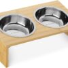Navaris Raised Double Pet Bowls - 400ml Raised Dog Bowls with Bamboo Stand - Cat Bowl Station for Cats, Small Dogs - 2 Stainless Steel Feeding Dishes