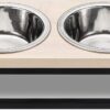 Navaris Raised Pet Bowls Stand - Double Bowl Feeding Station for Small Dogs and Cats - Stainless Steel Cat and Dog Dishes with Wood and Metal Holder