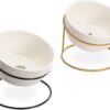 Navaris Tilted Pet Bowls with Stand (Set of 2) - Elevated Ceramic Cat Food Bowl Set for Cats and Small Dogs with Metal Wire Stands - Black and Gold