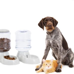 Navaris Water & Food Dispensers for Cats and Dogs - 3.8L - Automatic Pet Cat and Dog Feeder - Dry Food Dispenser Set of 2 - Grey