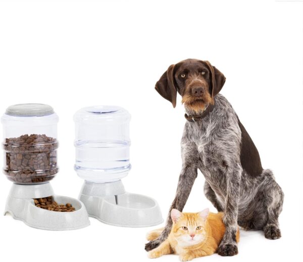 Navaris Water & Food Dispensers for Cats and Dogs - 3.8L - Automatic Pet Cat and Dog Feeder - Dry Food Dispenser Set of 2 - Grey