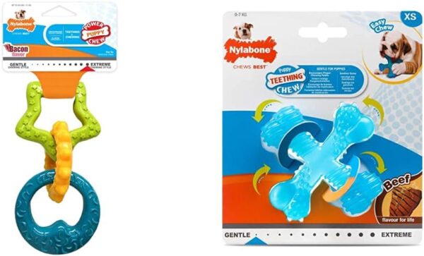 Nylabone Gentle Puppy Dog Teething Chew Toy Rings, Bacon Flavour, Small, for Puppies Up to 11 kg & Gentle Puppy Dog Teething X Bone Dental Chew Toy, Beef Flavour, Extra Small, for Puppies Up to 7 kg