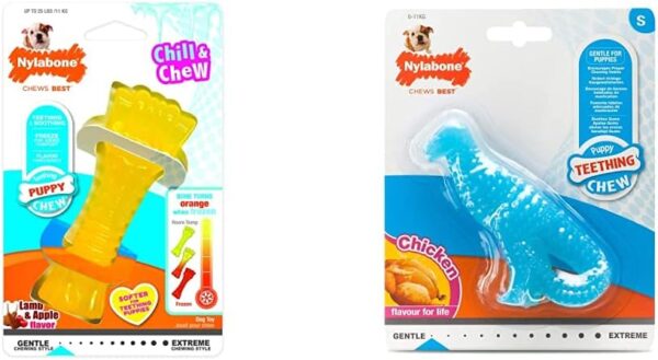 Nylabone Puppy Dog Teething Colour Change Freezer Bone Dog Chew Toy, Lamb & Apple Flavour & Gentle Puppy Dog Teething Dental Dino Chew Toy, Chicken Flavour, Small, for Puppies Up to 11 kg